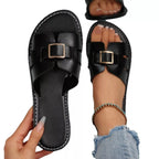 Women's comfortable PU leather open toe flat sandals by Plush Fashion Hub, featuring a stylish open-toe design and slip-on style.