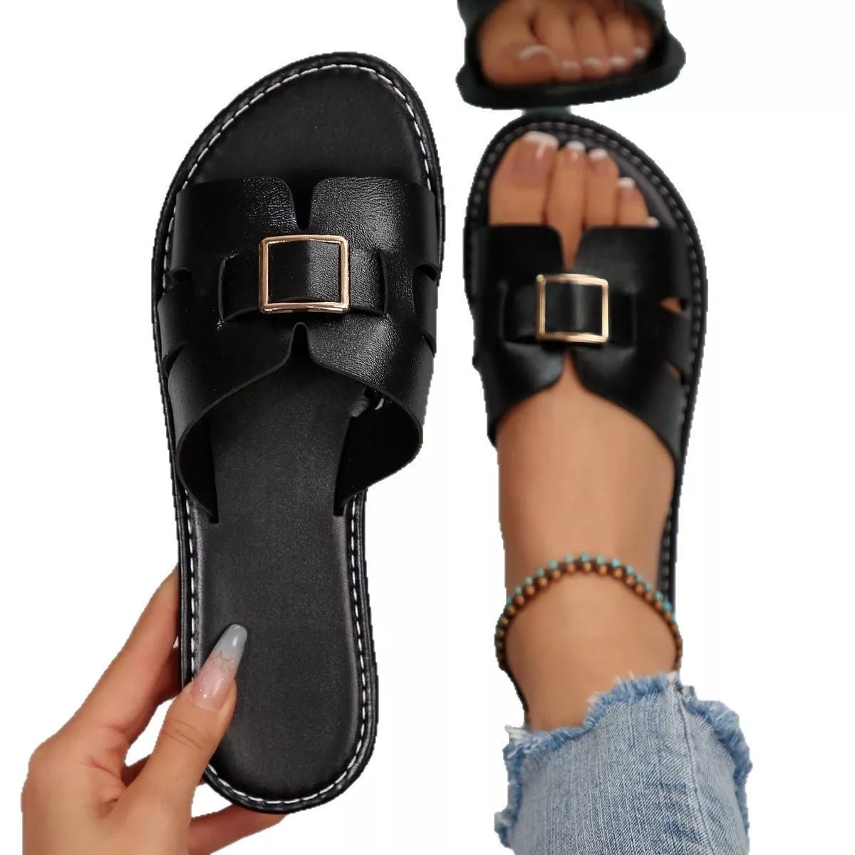 Women's comfortable PU leather open toe flat sandals by Plush Fashion Hub, featuring a stylish open-toe design and slip-on style.
