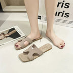 Beige women's H-strap open toe flat sandals with square toe design and slip-on style, perfect for casual summer wear.