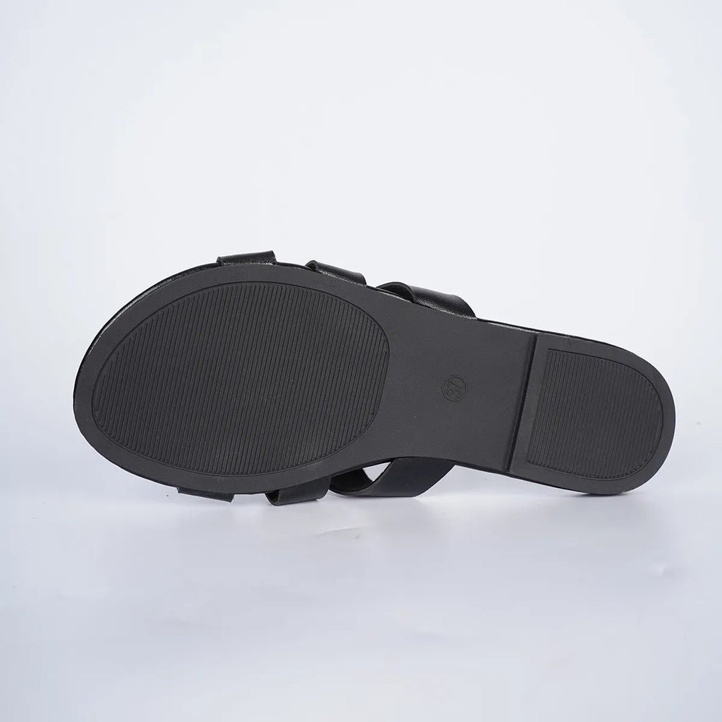 Women's faux leather open-toe flat sandals with comfortable design, featuring stylish straps and a flat sole perfect for casual wear.