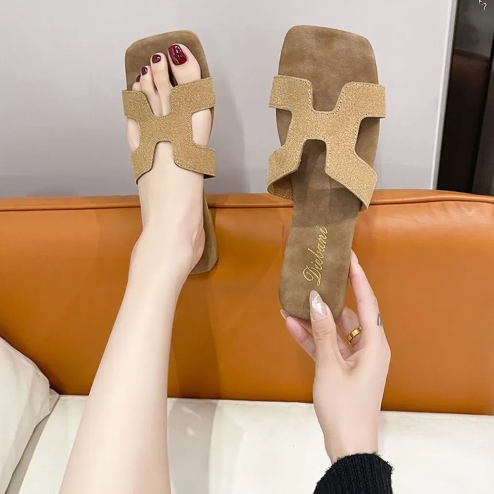Beige women's H-strap open toe flat sandals with square toe and slip-on design, perfect for casual summer wear.