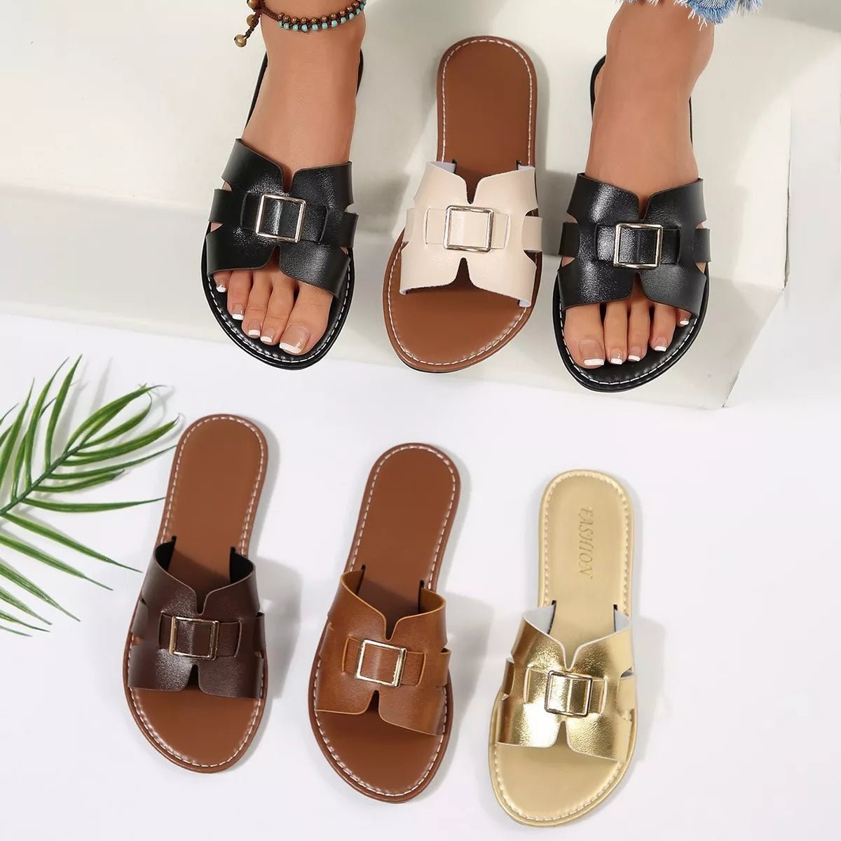 Women's open-toe flat sandals made of PU leather from Plush Fashion Hub, featuring a comfortable and stylish design.