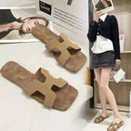 Beige women's H-strap open toe flat sandals with square toes and slip-on design from Trendsi.
