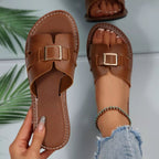 Women's open-toe flat sandals made of PU leather by Plush Fashion Hub, featuring comfortable slip-on design and stylish flat sole.