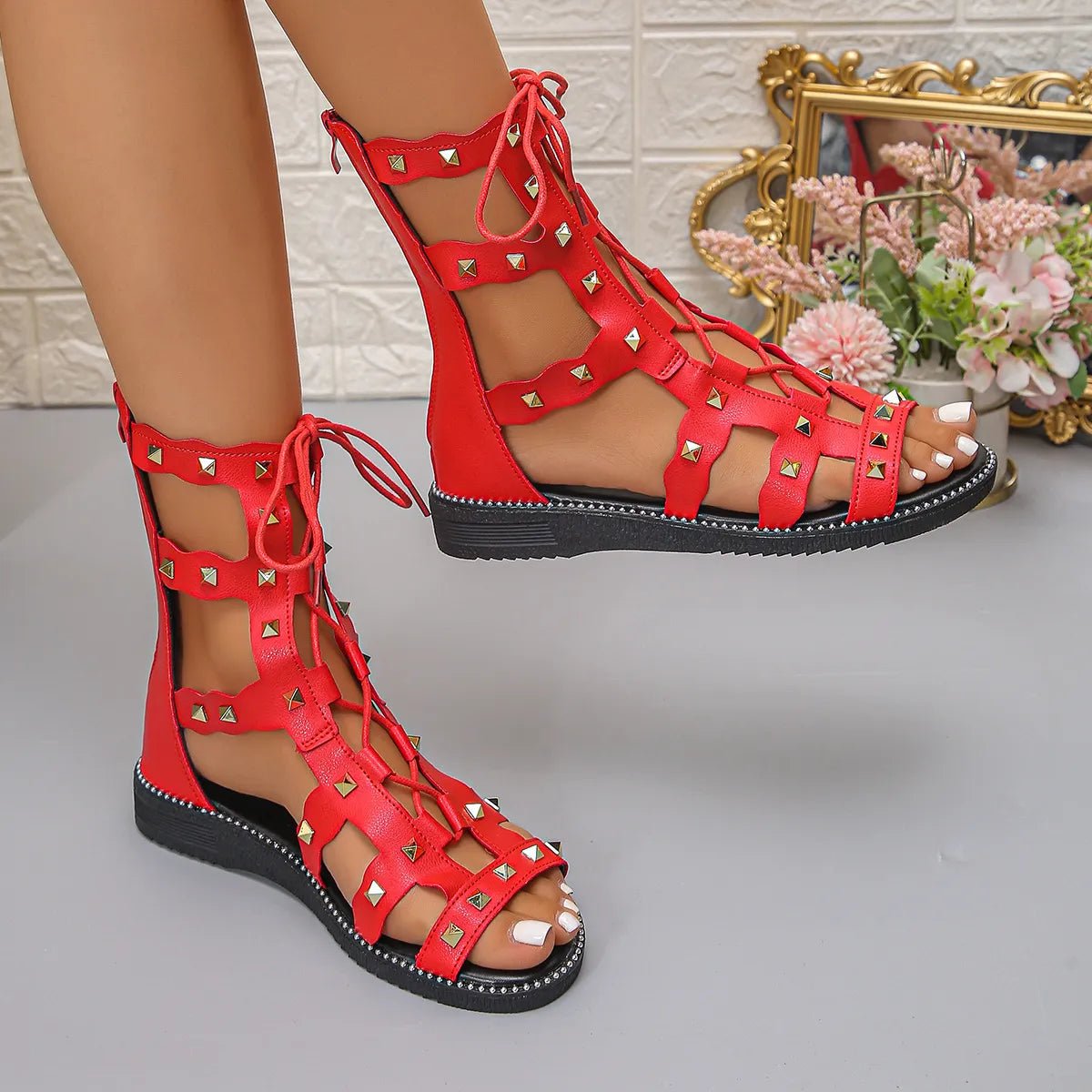 Women's open-toe lace-up flat sandals by Trendsi, featuring a stylish design and comfortable summer footwear with open toes.