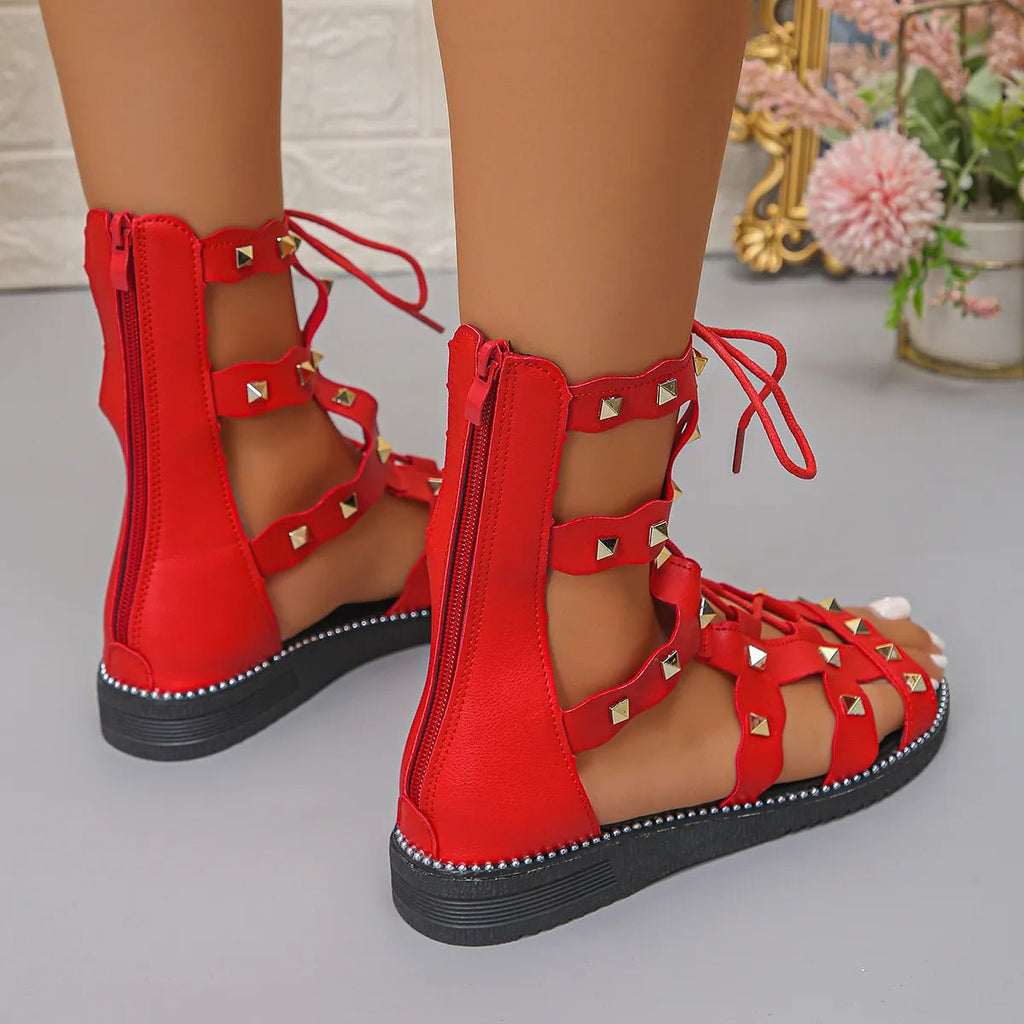 Women's chic lace-up open-toe flat sandals with comfortable design, perfect for summer footwear.