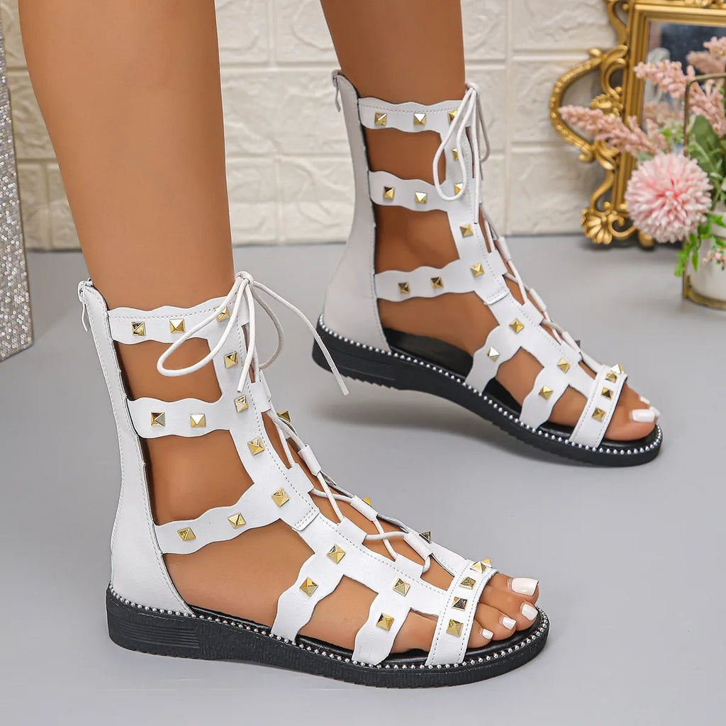 Women's lace-up open toe flat sandals by Trendsi, stylish summer footwear with comfortable design and breathable open-toe style.