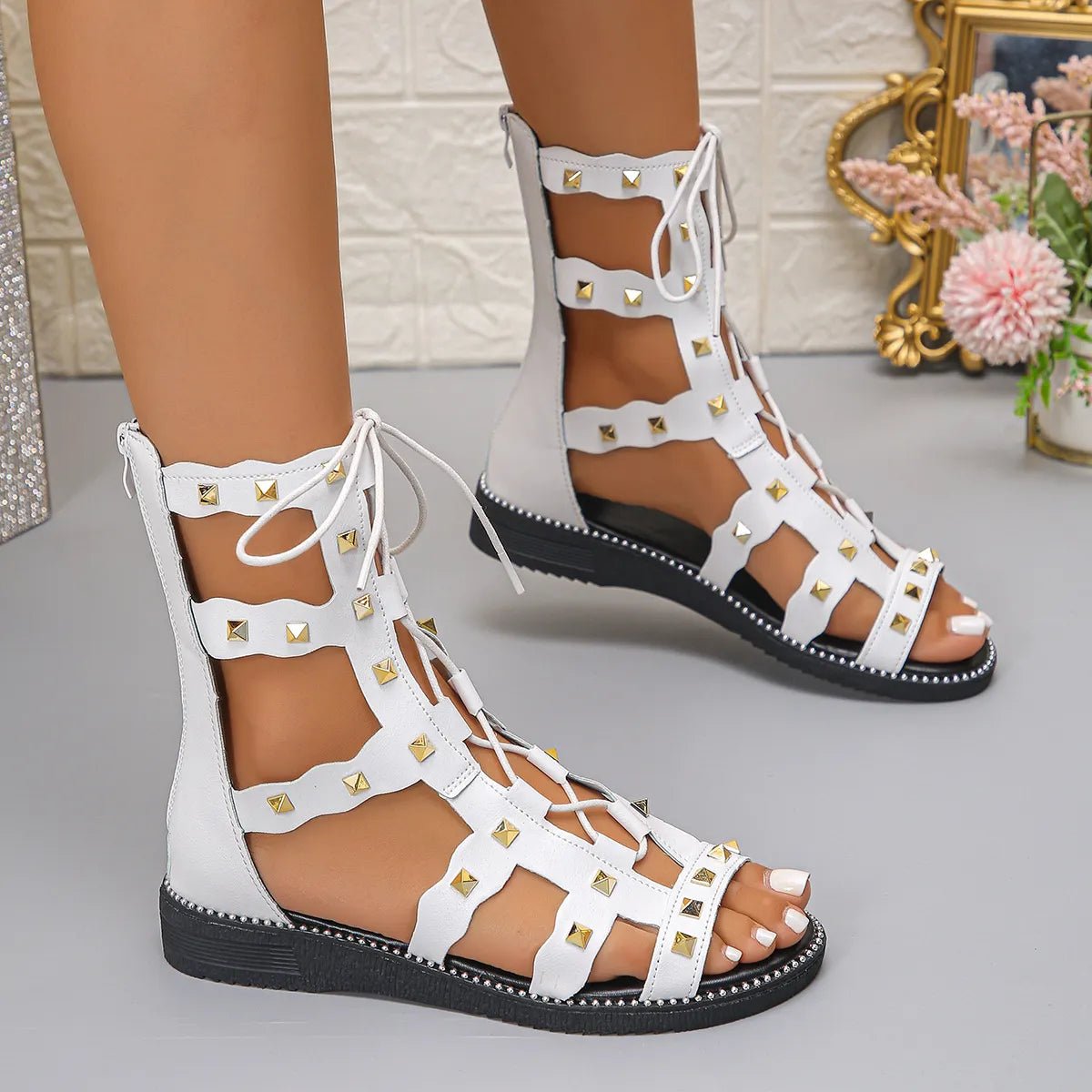 Women's lace-up open toe flat sandals by Trendsi, stylish summer footwear with comfortable design and breathable open-toe style.