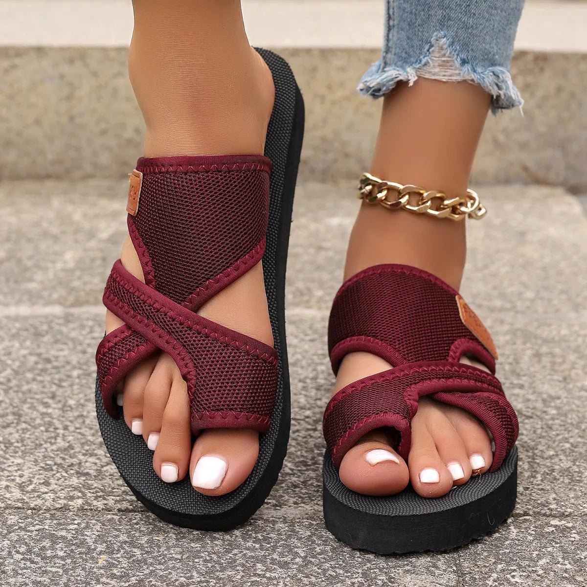 Women's open toe mesh platform sandals by Trendsi featuring a stylish design with a chunky heel and breathable mesh material.