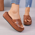 Women's open toe platform flat sandals with comfortable PU leather straps, casual style, trendy footwear by Trendsi.