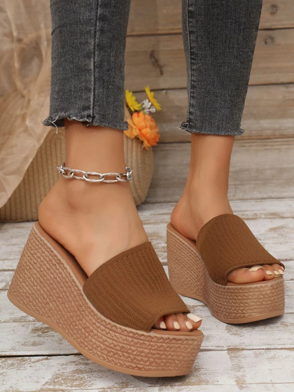 Women's breathable mesh open toe platform wedge sandals by Trendsi, featuring a stylish design and comfortable open-toe silhouette.