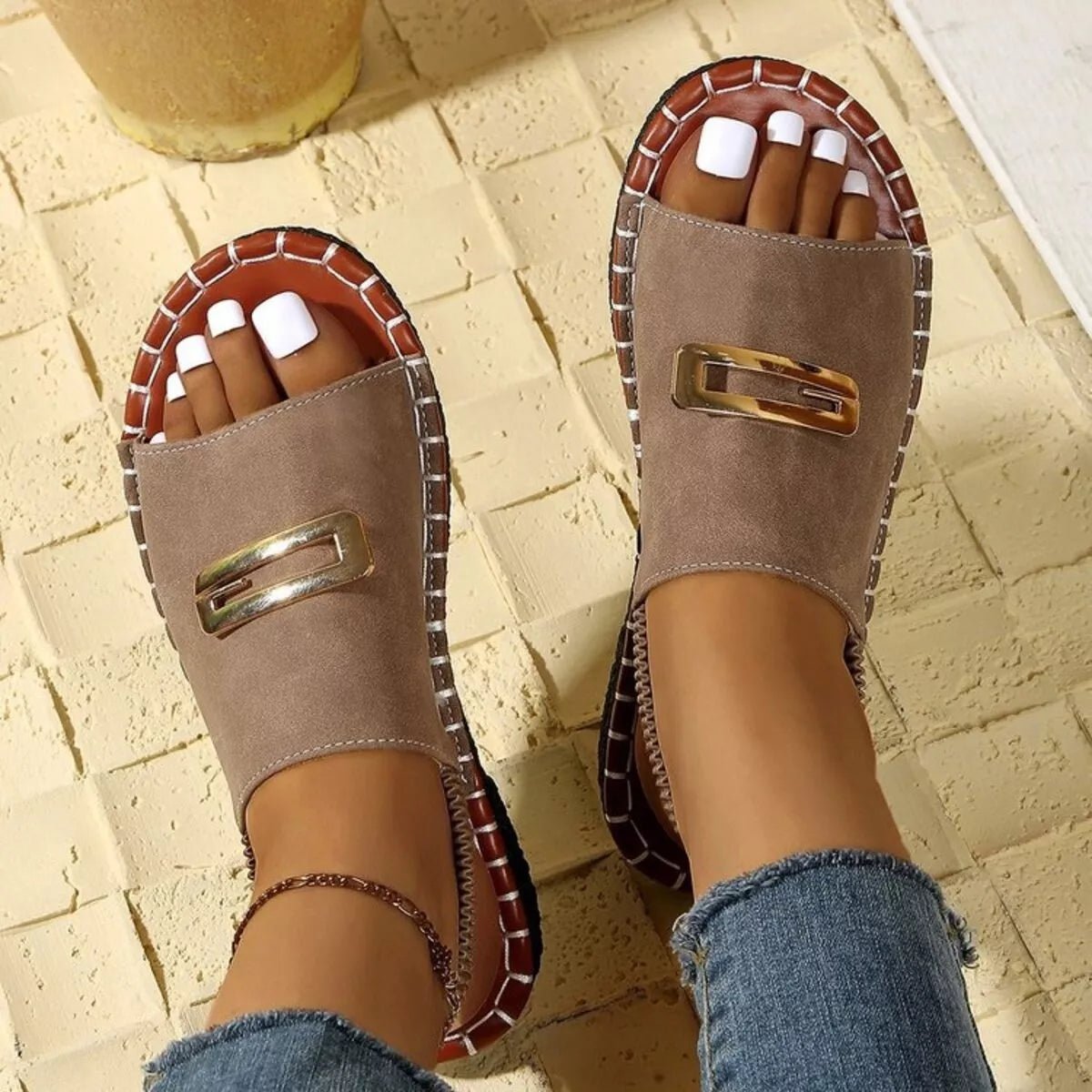 Women's open toe low heel sandals by Trendsi featuring comfortable PU leather straps and elegant style.