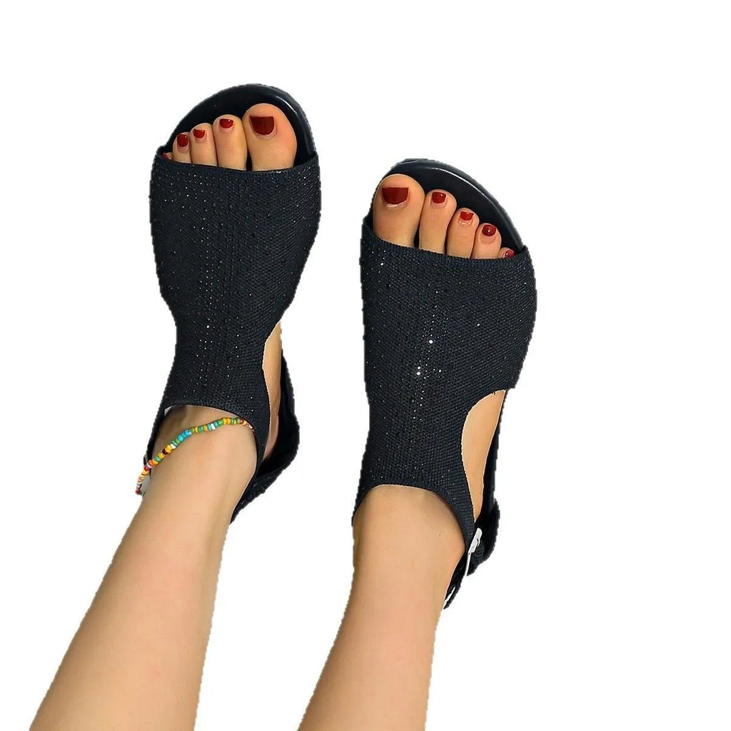 Women's rhinestone embellished open toe wedge sandals with comfortable low heels, stylish Trendsi shoe for casual or dressy wear.