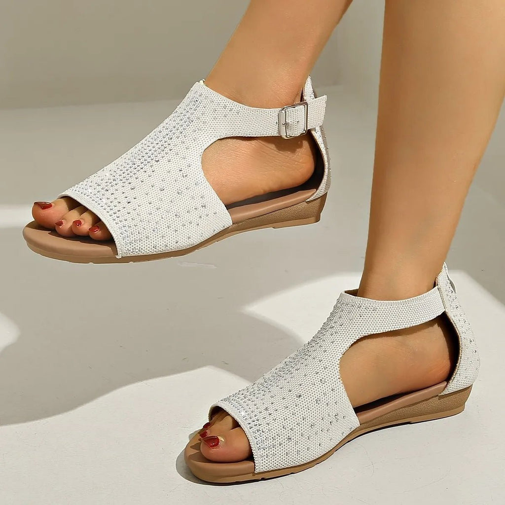 Women’s rhinestone embellished open toe wedge sandals with comfortable low heels from Trendsi, stylish footwear for warm weather.