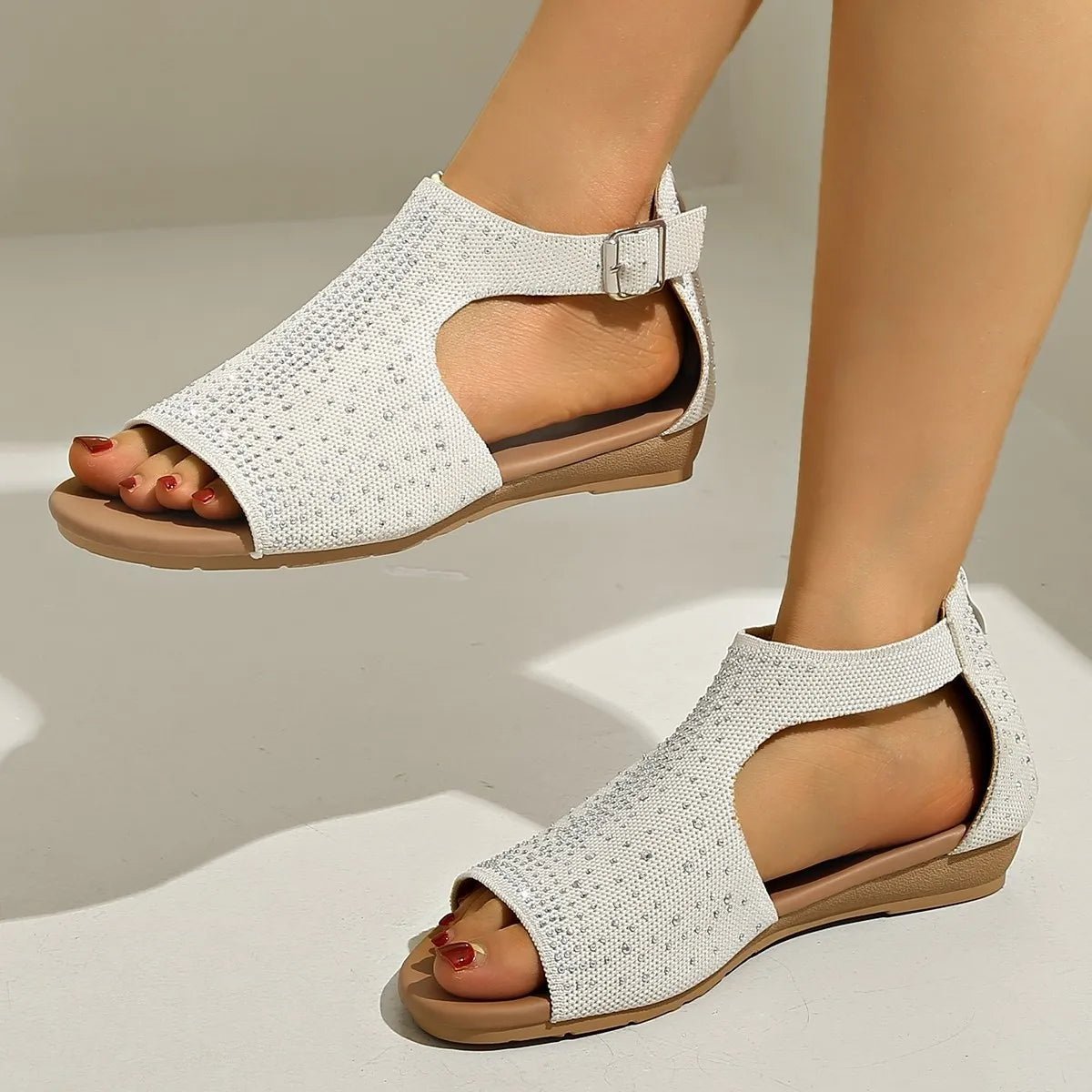 Women’s rhinestone embellished open toe wedge sandals with comfortable low heels from Trendsi, stylish footwear for warm weather.