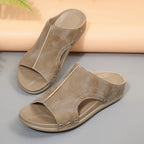 Women's comfortable faux leather open toe wedge sandals by Plush Fashion Hub, featuring a stylish and supportive design.