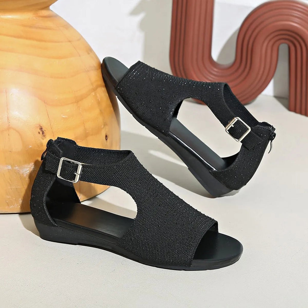 Women's rhinestone embellished open toe wedge sandals with comfortable low heels, stylish and perfect for summer wear.