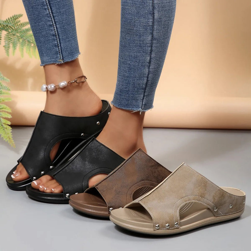 Women's beige faux leather open toe wedge sandals by Plush Fashion Hub, featuring a comfortable design and stylish wedge heel.