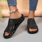 Women's comfortable faux leather open toe wedge sandals by Plush Fashion Hub, featuring a stylish design and supportive wedge heel.
