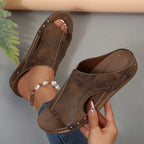 Women's open-toe wedge sandals by Plush Fashion Hub featuring faux leather straps and a comfortable, stylish design.