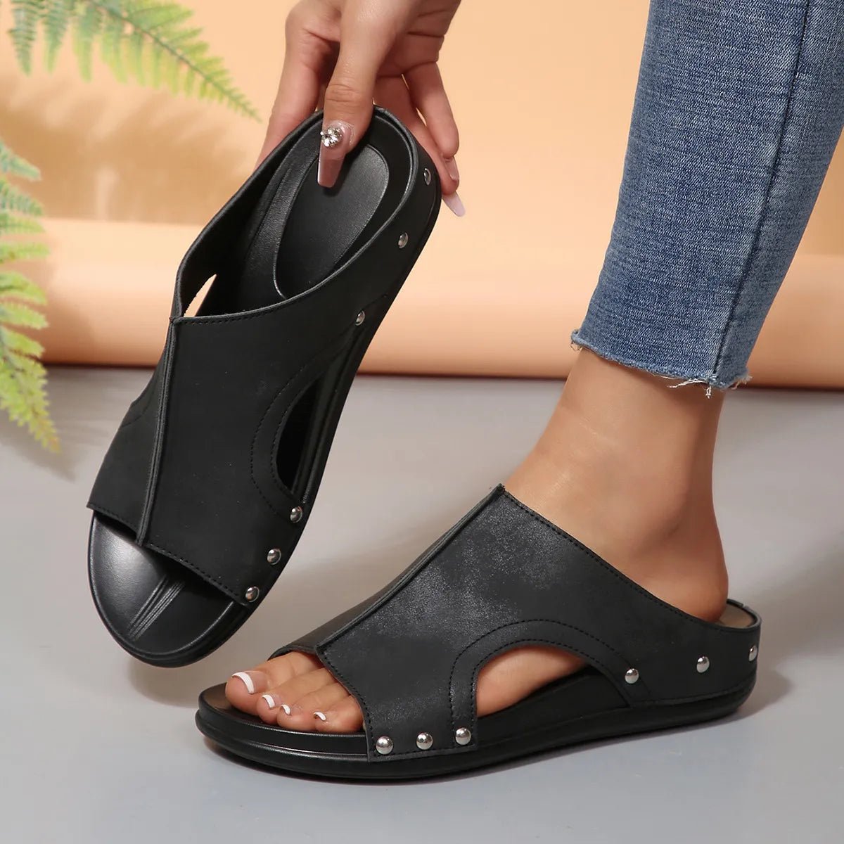 Women's comfortable faux leather open toe wedge sandals by Plush Fashion Hub, featuring stylish design and supportive heel.