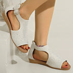 Women's rhinestone embellished open toe wedge sandals with comfortable low heels, stylish and perfect for summer.