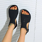 Women's rhinestone embellished open toe wedge sandals with comfortable low heels, stylish and perfect for summer outfits.