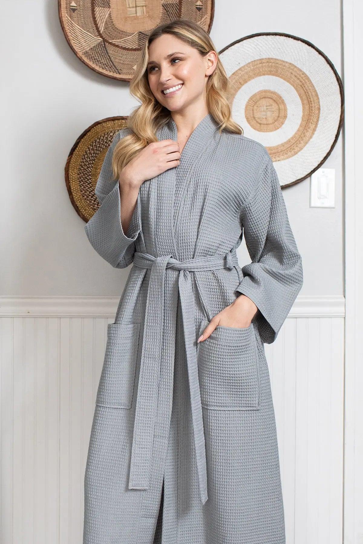 Lightweight white waffle robe for women, quick-dry spa comfort made from organic cotton by Plush Fashion Hub.