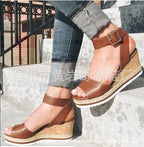 Korean style women's summer wedge peep-toe sandals with casual design, featuring comfortable straps and neutral color.