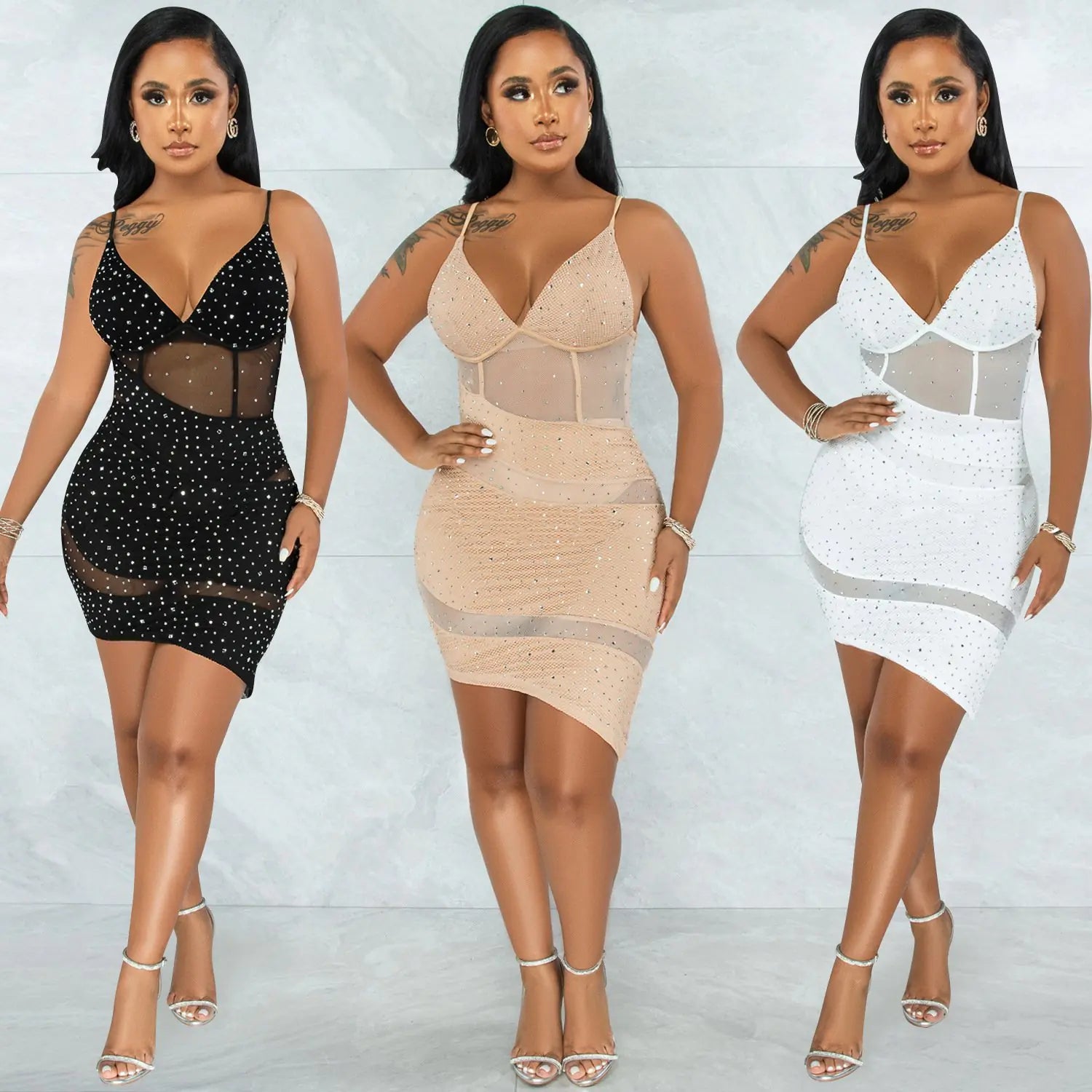 Women’s hot diamond irregular sling dress for nightclub wear, featuring a stylish evening dress design with shimmering details.