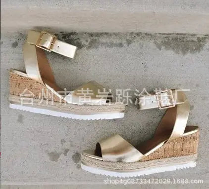 Korean style women's wedge peep-toe sandals with casual summer design in neutral tones, featuring comfortable straps and trendy look