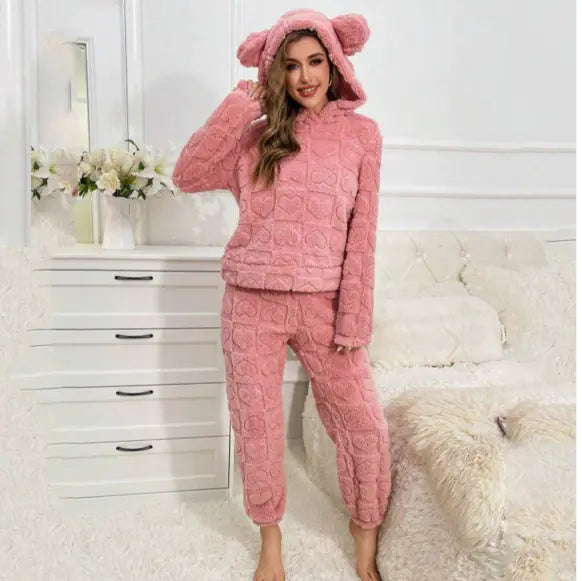 Pink velvet hooded hoodie with heart and ear details from Plush Fashion Hub, perfect for cozy home wear.