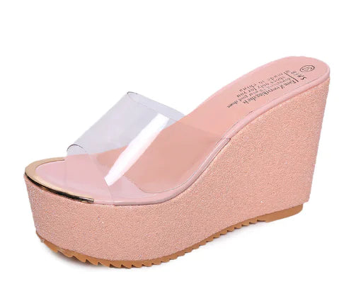 Women high heel platform wedge sandals in black with ankle straps, stylish Trendy Attic Store01 footwear.