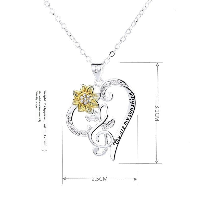 Pastoral-style two-color sunflower pendant on heart-shaped clavicle chain, trendy jewelry from Plush Fashion Hub