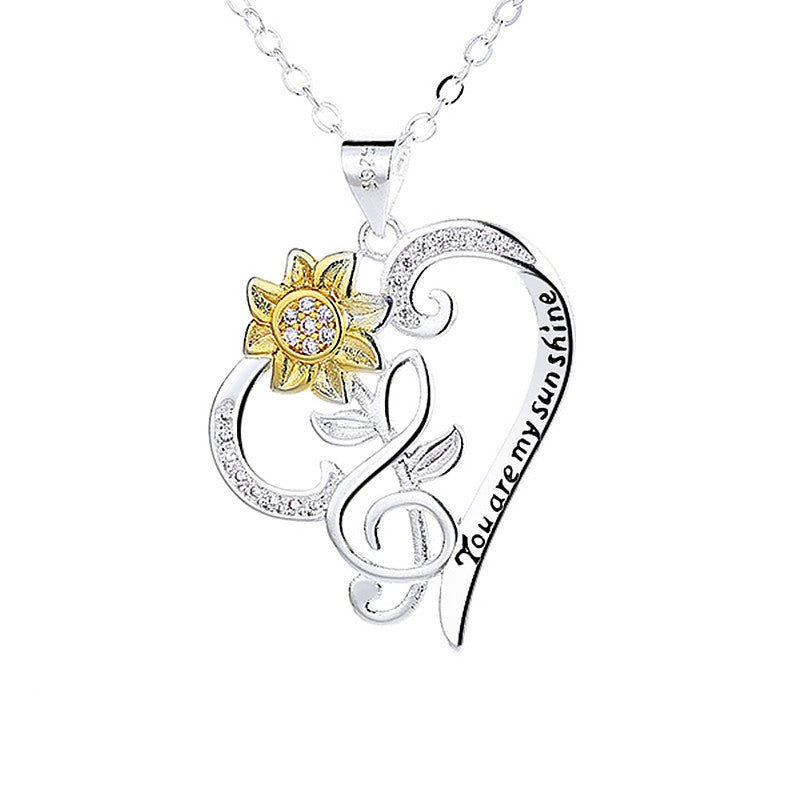 Pastoral-style two-color sunflower pendant on heart-shaped clavicle chain, trendy jewelry by Plush Fashion Hub.