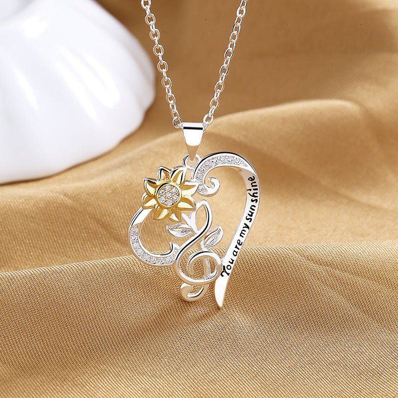 Pastoral style two-color sunflower pendant heart clavicle chain necklace from Plush Fashion Hub, featuring a charming floral design.
