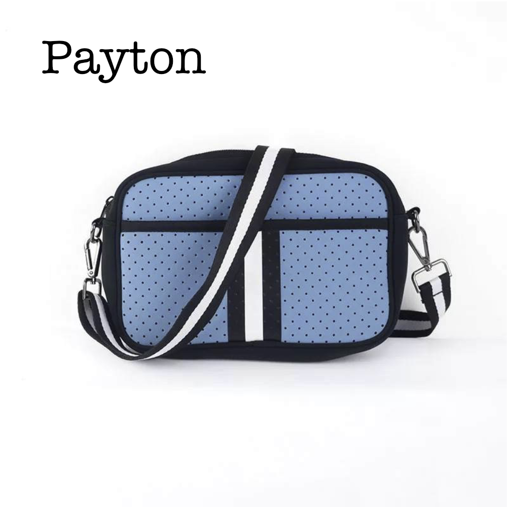 Neoprene crossbody bag by Threaded Pear featuring a sleek black design with adjustable strap and minimalist style.