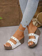 Women's pearl-embellished wedge sandals by Trendsi featuring a comfortable mid-heel design and elegant dress shoe style.
