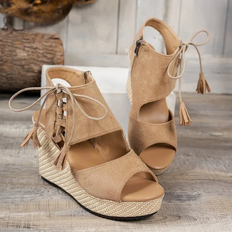 Tan Bohemian peep-toe lace-up wedge sandals with tassel details, stylish Trendsi shoe perfect for casual summer wear.