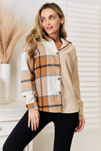Women's casual plaid long sleeve shirt with dropped shoulders, trendy and comfortable, from Trendsi.