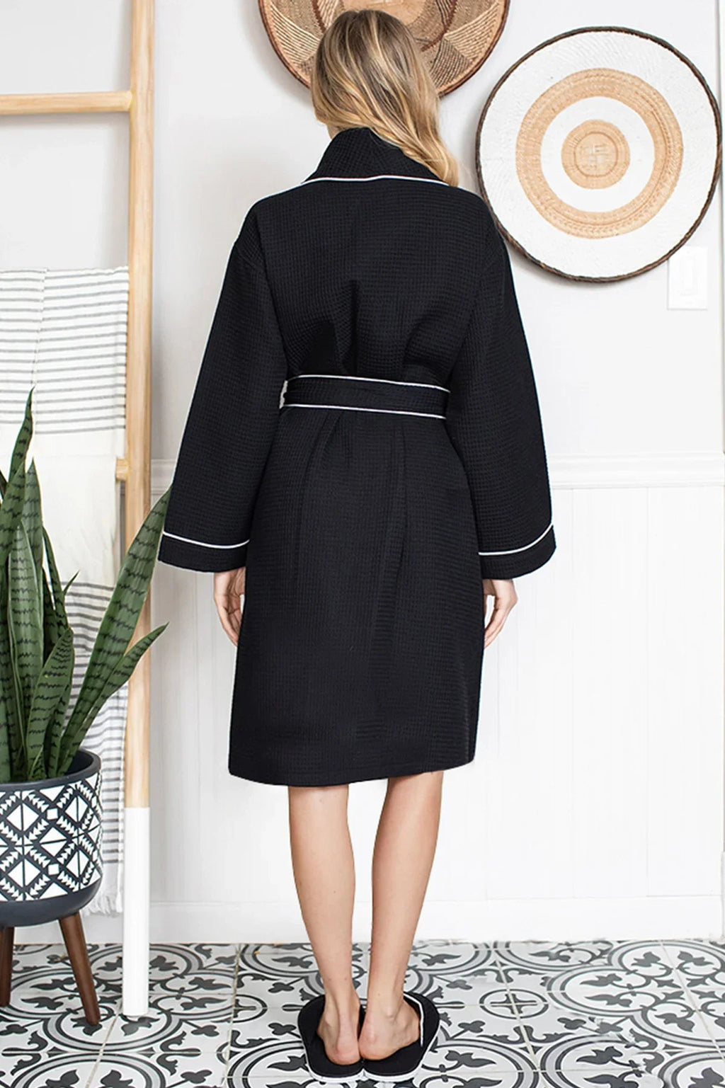 Knee-length plush waffle robe for women by Plush Fashion Hub, showing soft fabric and cozy design suitable for loungewear.