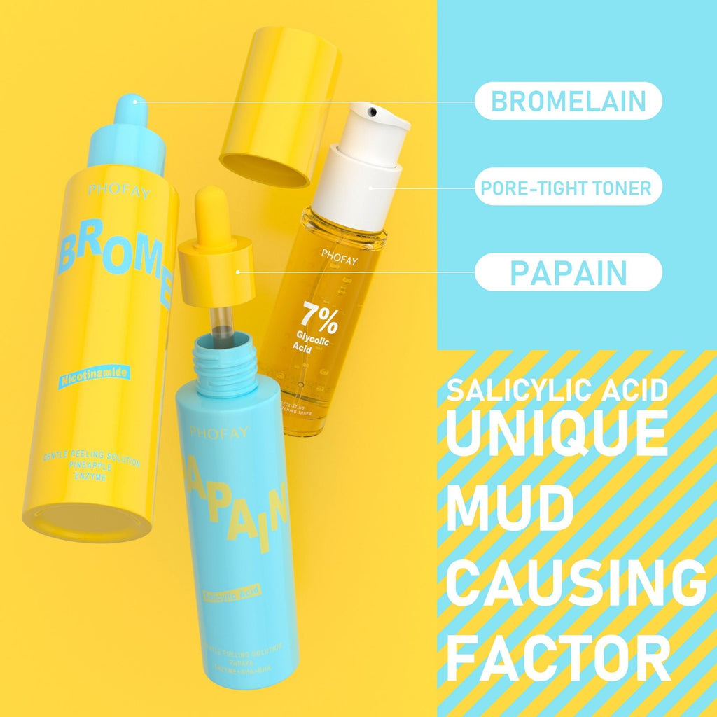 Set of four Phofay exfoliating skincare products by Plush Fashion Hub, featuring scrubs, brushes, and exfoliators for smooth skin.