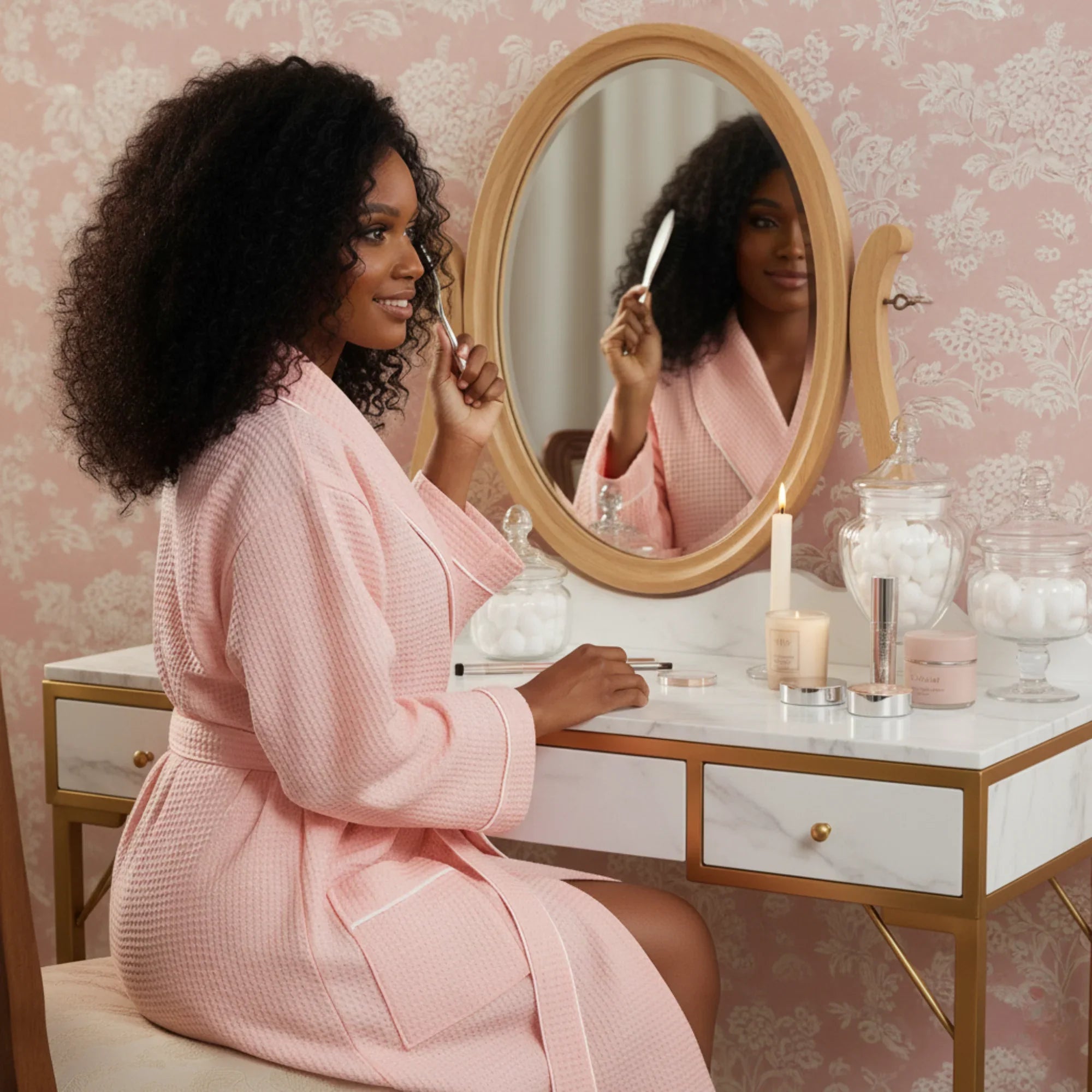 Pink women's waffle piping bathrobe by Plush Fashion Hub, lightweight spa-style robe with comfortable, breathable fabric.