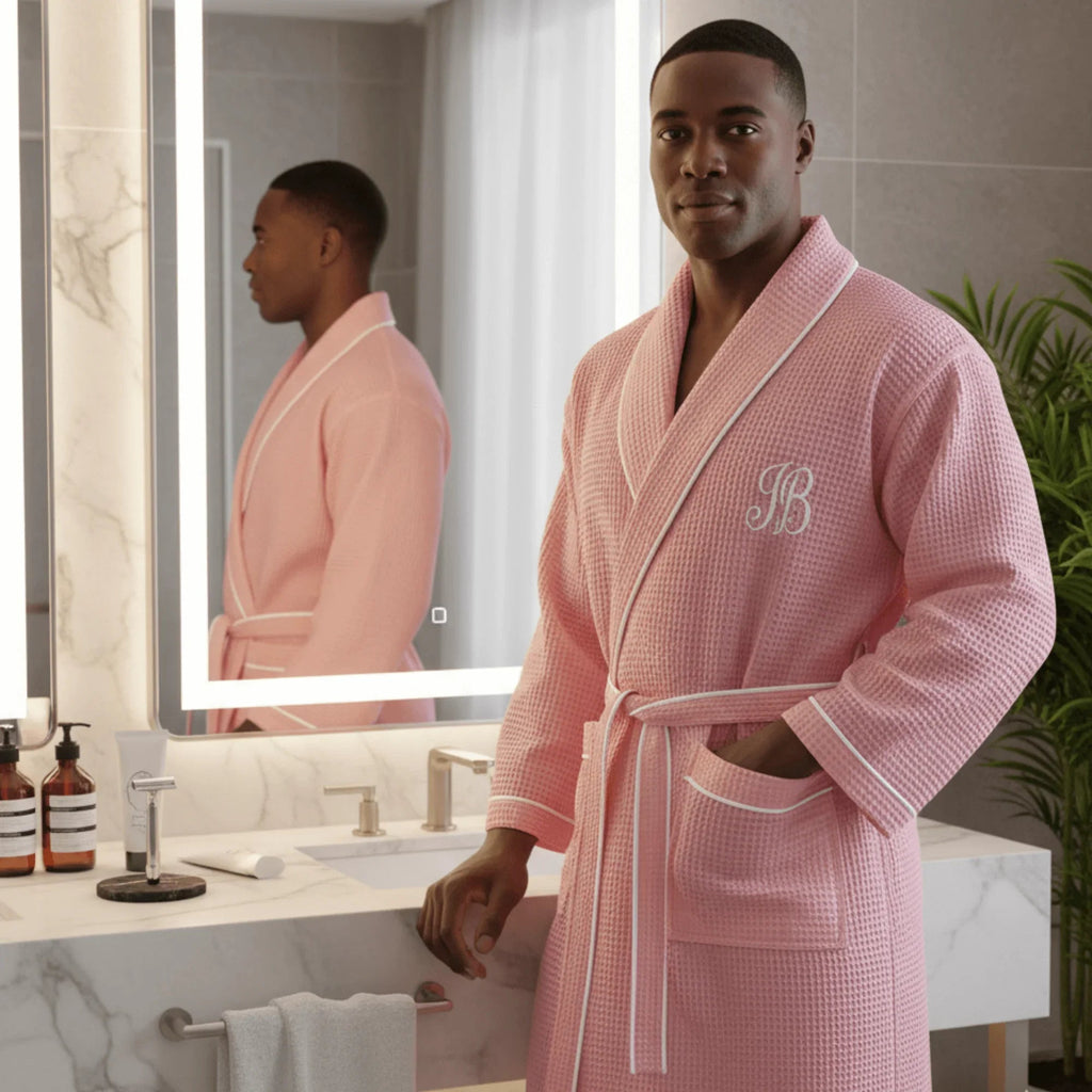 Pink waffle piping robe for men by Plush Fashion Hub, featuring soft fabric and comfortable fit.