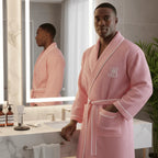 Pink waffle piping robe for men by Plush Fashion Hub, featuring soft fabric and comfortable fit.