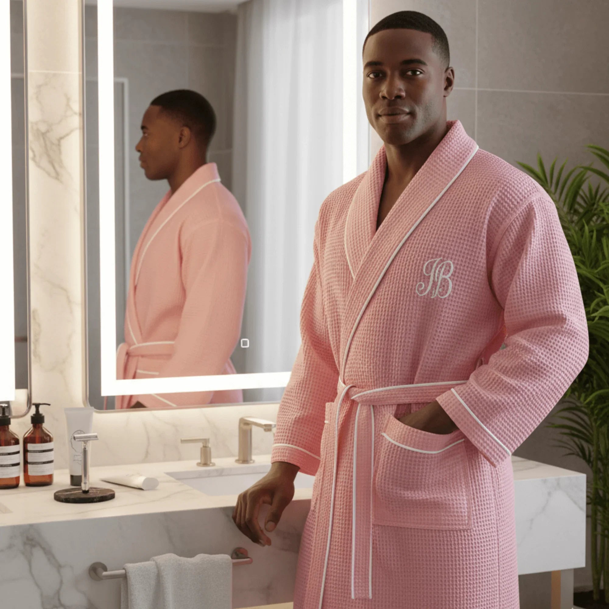 Pink waffle piping robe for men by Plush Fashion Hub, featuring soft fabric and comfortable fit.