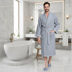 Plush Fashion Hub men's premium waffle piping robe with soft, textured fabric and contrasting piping details.