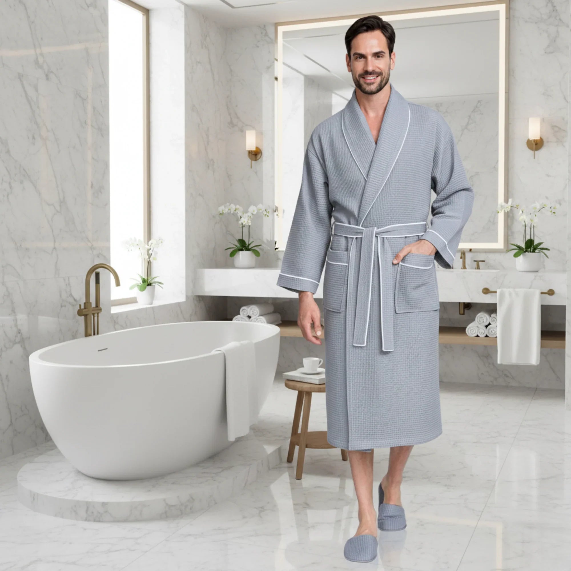 Plush Fashion Hub men's premium waffle piping robe with soft, textured fabric and contrasting piping details.