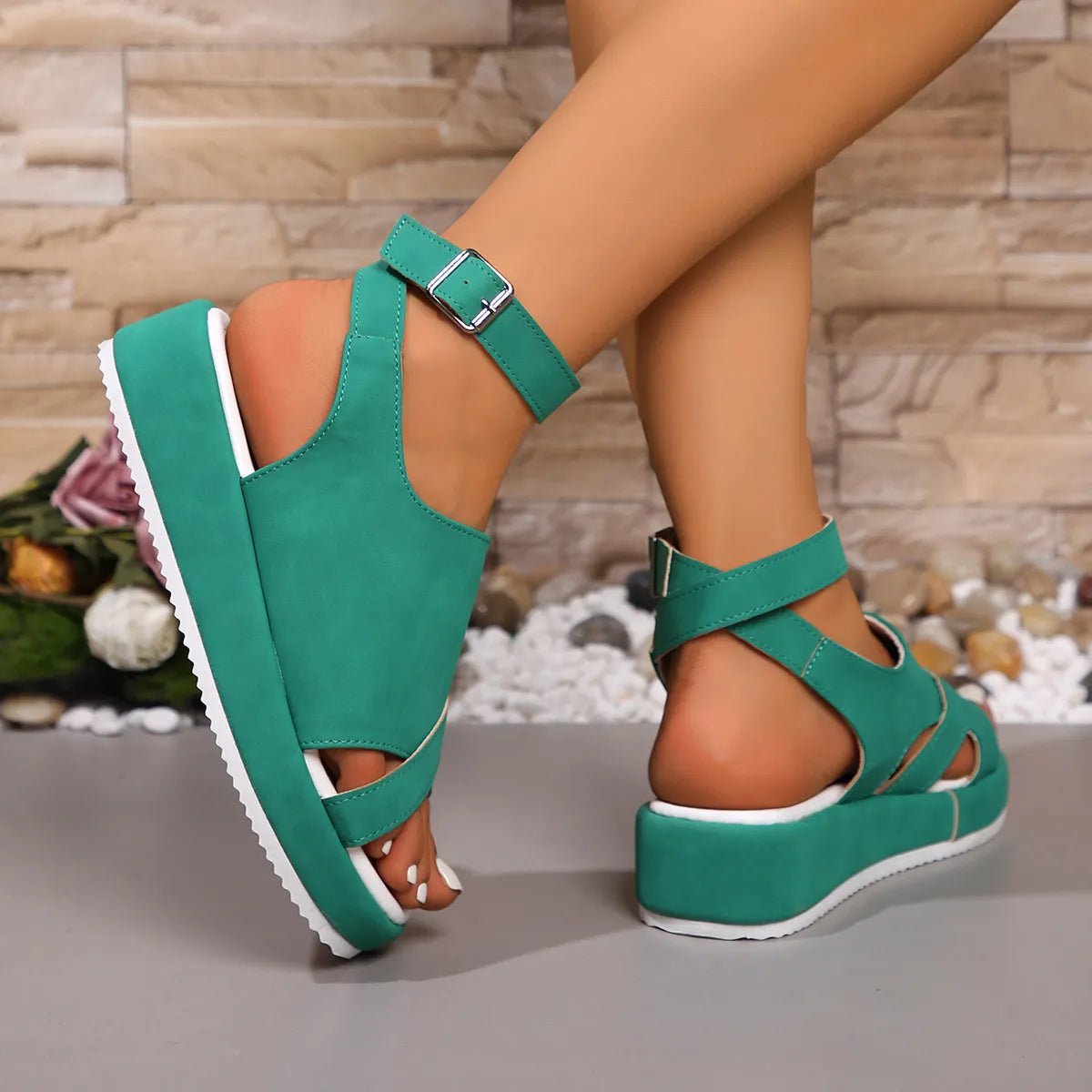 Women's faux leather platform ankle strap comfort sandals by Trendsi, featuring a casual design and supportive heel.