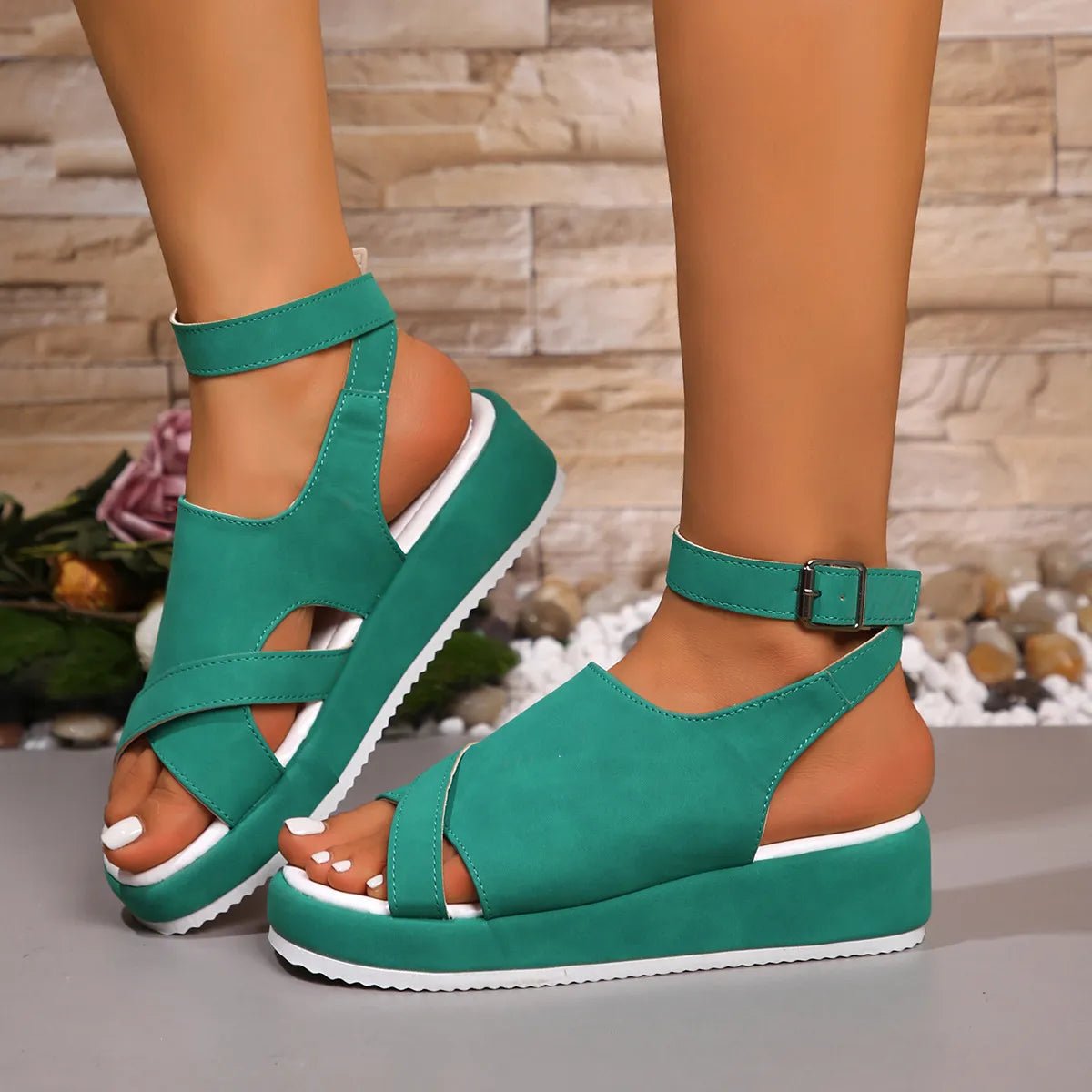 Women's platform ankle strap comfort sandals with faux leather upper, casual style, from Trendsi.
